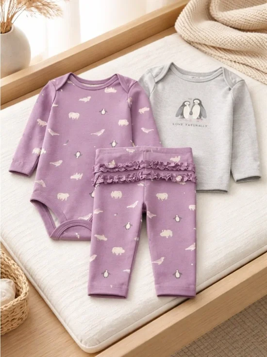 NWT Carter’s Baby Girl 3 Piece Purple Gray Bodysuit  Pant Set  - Size 12M