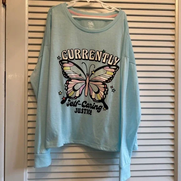 Justice Girls Sleep Top Size 14 Blue Butterfly Graphic Long Sleeve‎ Shirt