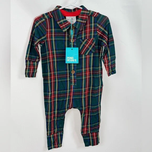 Posh Peanut New Bamboo Collared Henley Romper Green‎ Tartan Plaid Sz 9-12 m