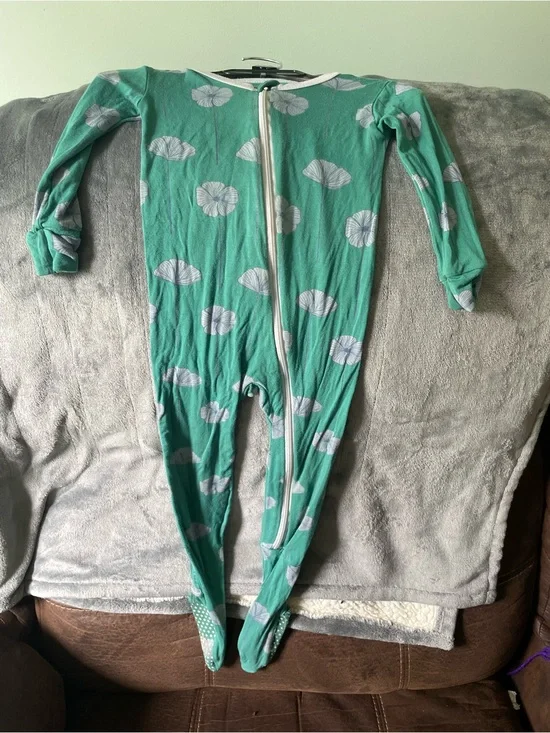 Kickee Pants Teal Green Floral Zip Footed Pajamas Sz 12/18mths