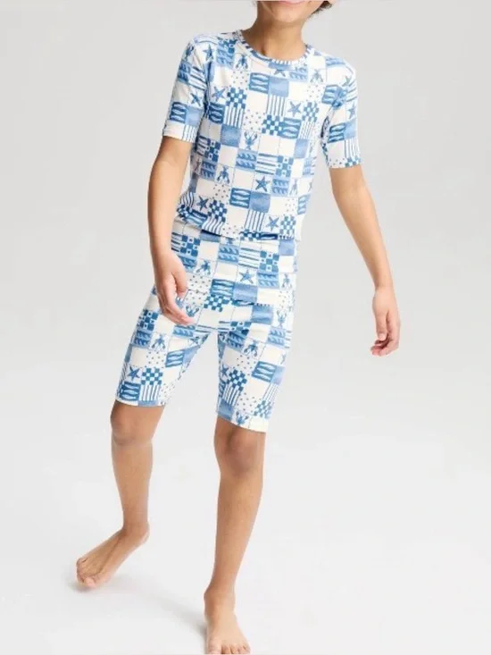 Boy’s size 10 Blue and White Patchwork Print Kids Top & Biker Shorts Set