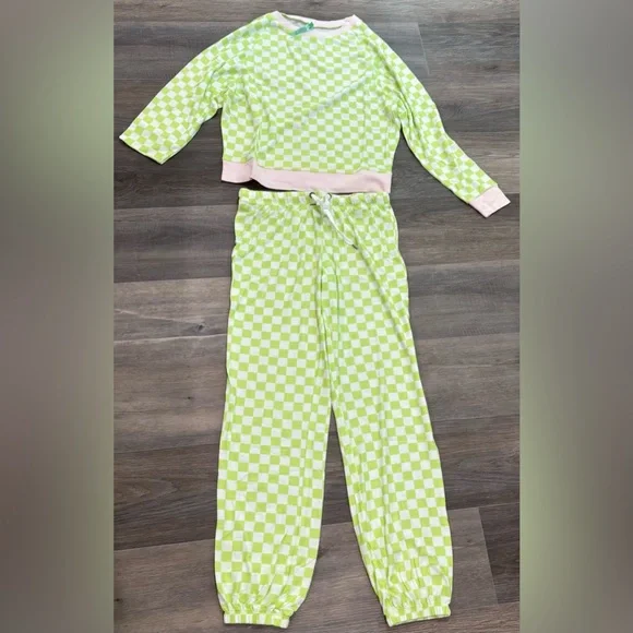 New Honeydew Womens Long Sleeve Check Pajama Shirt Pants Set Green White Size XS