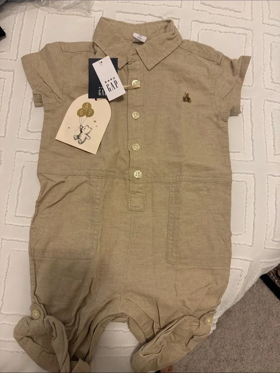 GAP Tan Short-Sleeve Baby Romper with Collar