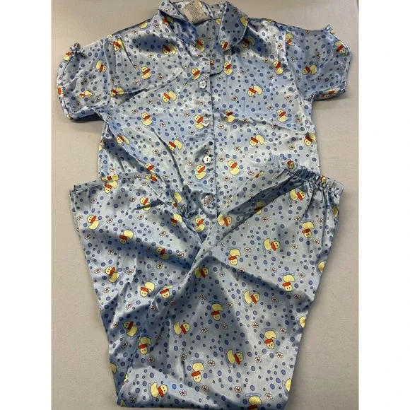 Vintage Y2K OshKosh B'gosh Kids Blue Satin Rubber Duck Pajama Set Size 8/10