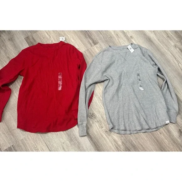 GAP Kids XL (12) Waffle Knit‎ Long Sleeve Shirt Red Gray Crew Neck