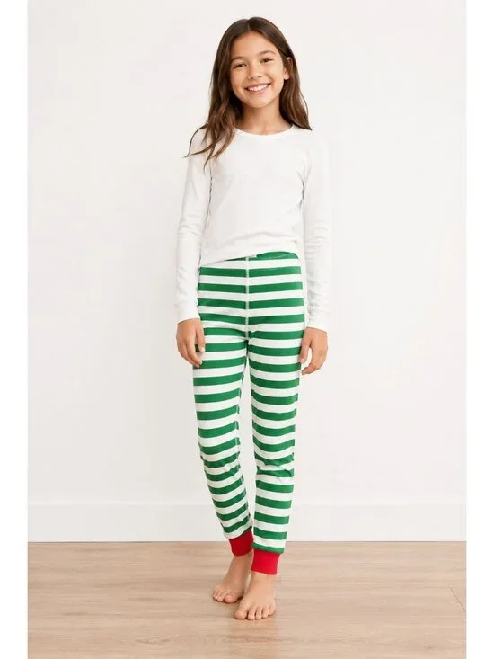 Hanna Andersson pajama pants distinctive green white striped red ankle cuffs 10