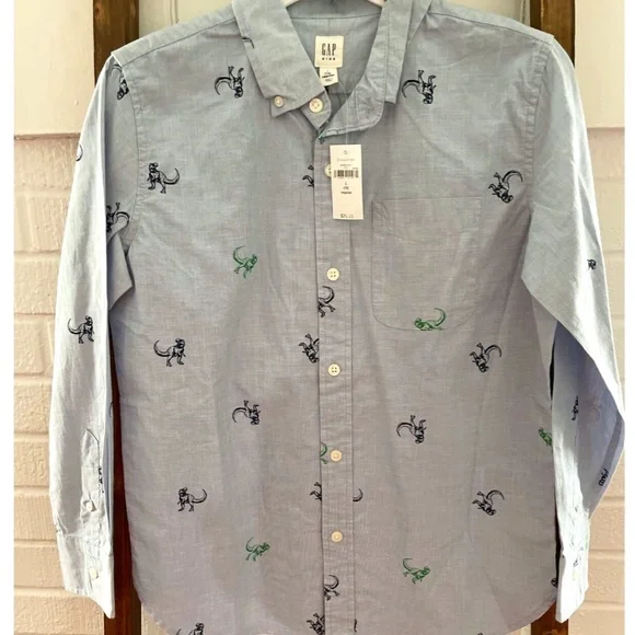 NWT Boys Gap Blue Green Dinosaur Button Down Collar Shirt XXL 14-16 HTF Chambray