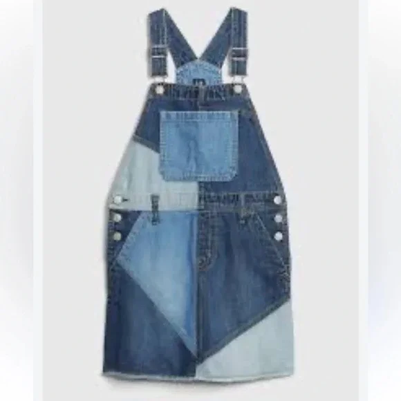 GAP denim patchwork button front overall dress small 6/7