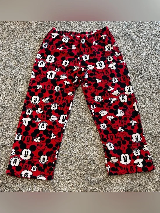 DISNEY Mickey Mouse Plush Fleece Pajama Pants Red Black All Over Print Size L