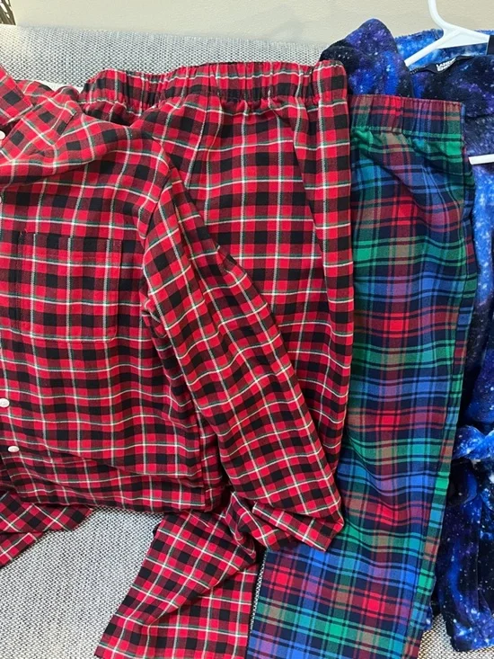Lands' End Kids Red and Green Plaid Flannel Pajama Set and robe