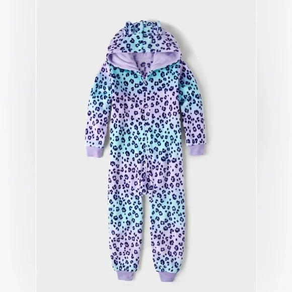💜The Children's Place Girls Leopard cozy fleece sleepwear Onesie-SZ XL(14) NWT