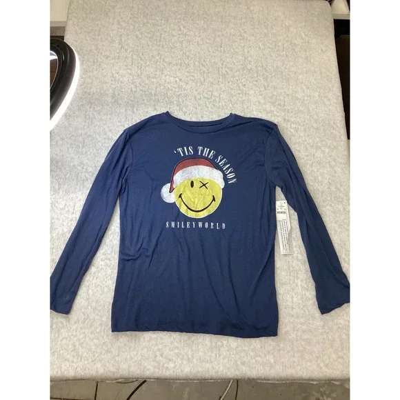 SmileyWorld‎ Kids Navy Blue Tis The Season Santa Hat Pajama Top XL 14 NWT