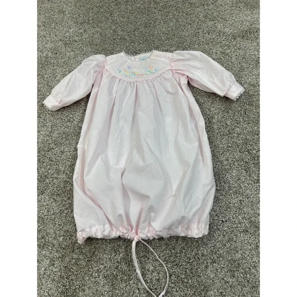 Patsy Aiken Designs Vintage Pink Embroidered Baby Gown Newborn Lace Trim #0497
