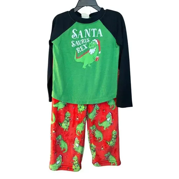 New ~ MUNKI MUNKI ~ Unisex Kids Green Red Santasaurus Rex 2Pc Pajama Set Size 4