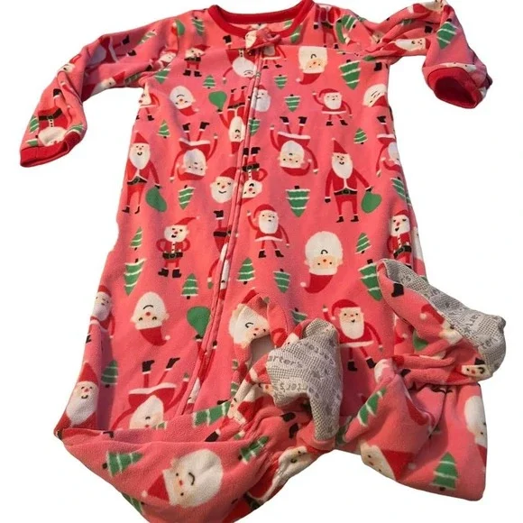 Carter's‎ Footed Christmas Pajamas Size 3T Holiday Sleeper Pink Soft Santa