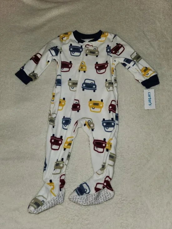 Carter's Fleece Footed Sleeper 12M Cars Trucks Zip Pajamas NWT Baby Boy White