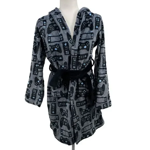 Cuddl Duds Boys Hooded Fleece Robe Gamer Print Size 14 16 Gray Tie Belt