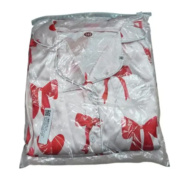 Satin Pink Heart Bow Printed Pajama Set Feather Cuffs Girl Kids 140