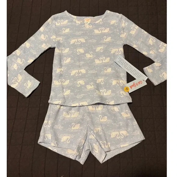 Cat & Jack Girls Blue Swan Waffle Knit Pajama Set Long Sleeve Top Shorts NWT M 8