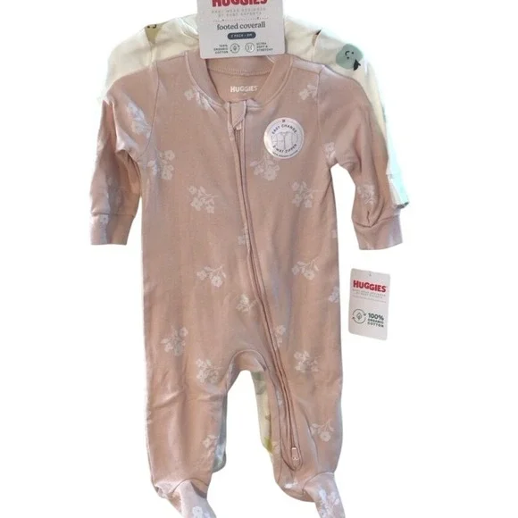 Huggies Baby Footed Coveralls 2 Pack‎ 6M Easy Change 2 Way Zipper Organic
