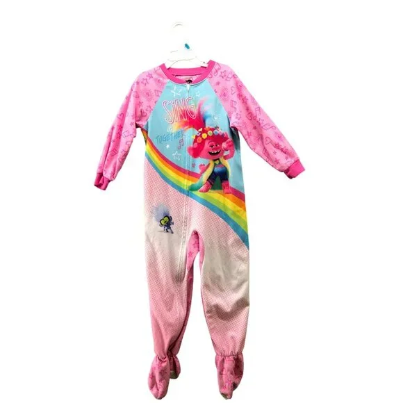 Trolls Girls 5T Fleece Pajamas Jumpsuit Pink Long Sleeve One Piece‎ Zip