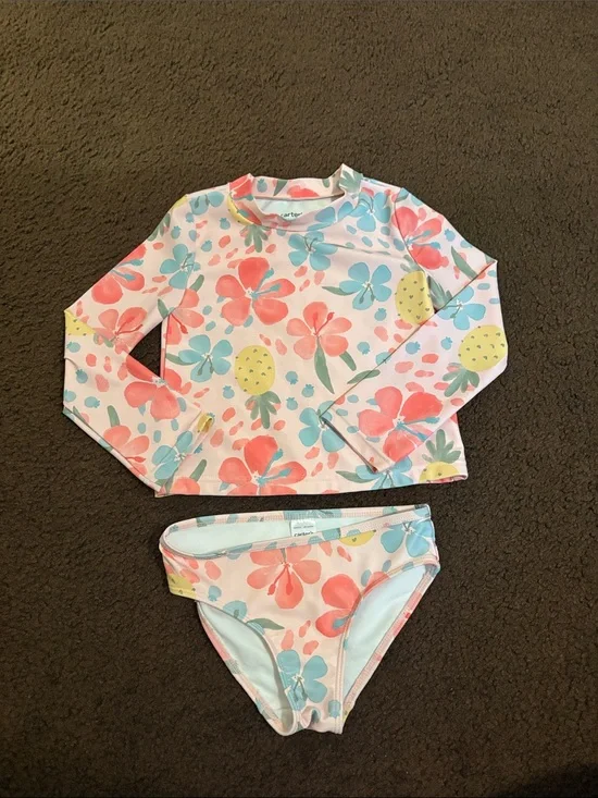 Carter's Girls Floral Long-Sleeve Rash Guard Swim Set - Pink & Blue