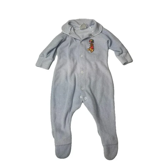 Vtg Winnie The Pooh‎ Terry Cloth One Piece Sleeper Pajamas Blue Size 12 Months