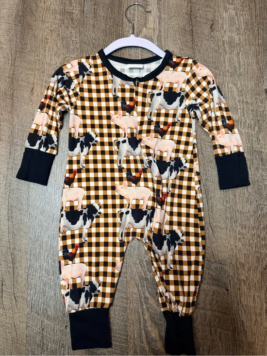 Brand New Bamboo Zippy. Kids Plaid Farm Animal One-Piece Romper - Yellow/Black