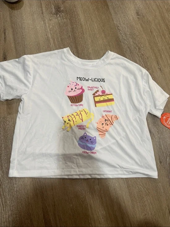 Kids White 'Meow-licious' Graphic Tee with Colorful Cat Treats - pajama shirt