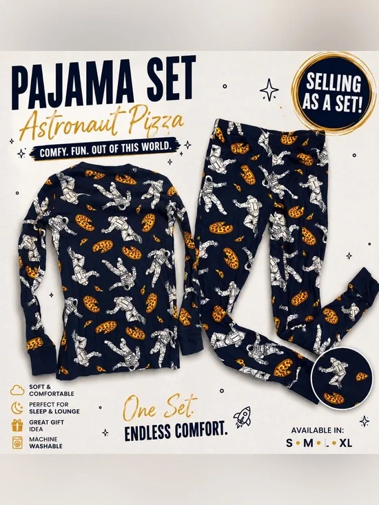Kids landsend Blue Astronaut & Pizza Print Pajama Set