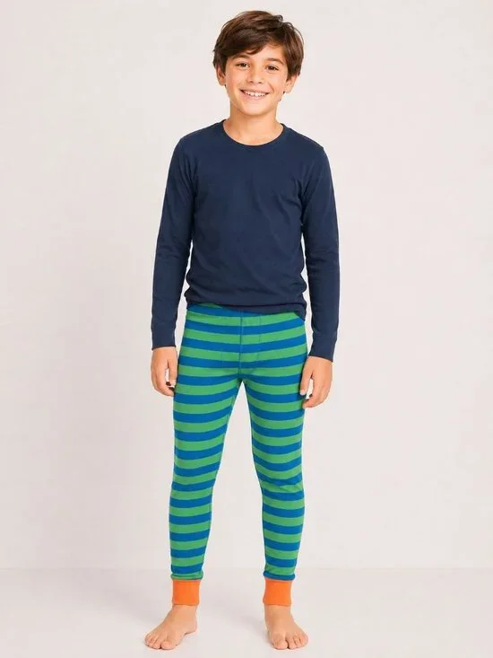 Hanna Andersson striped long john pajama pants blue and green with orange cuffs