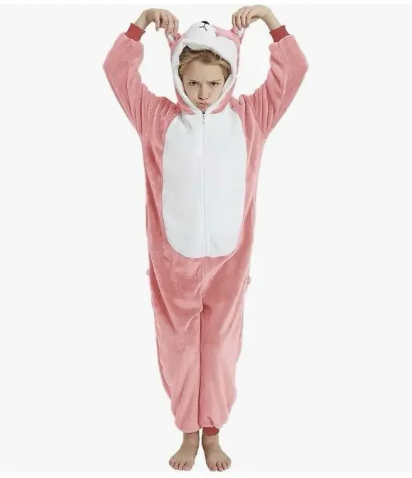 Kids Pink Dog Costume Halloween Husky Cosplay One Piece Pajama New Sz 5
