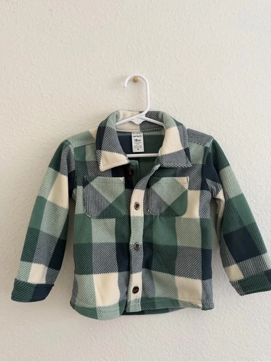 Carter's Green & Cream Plaid Fleece Button-Up Jacket