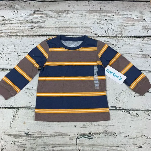 Carter's Striped Long Sleeve T-Shirt Navy Brown Yellow Boys Cotton [Size‎ 18M]