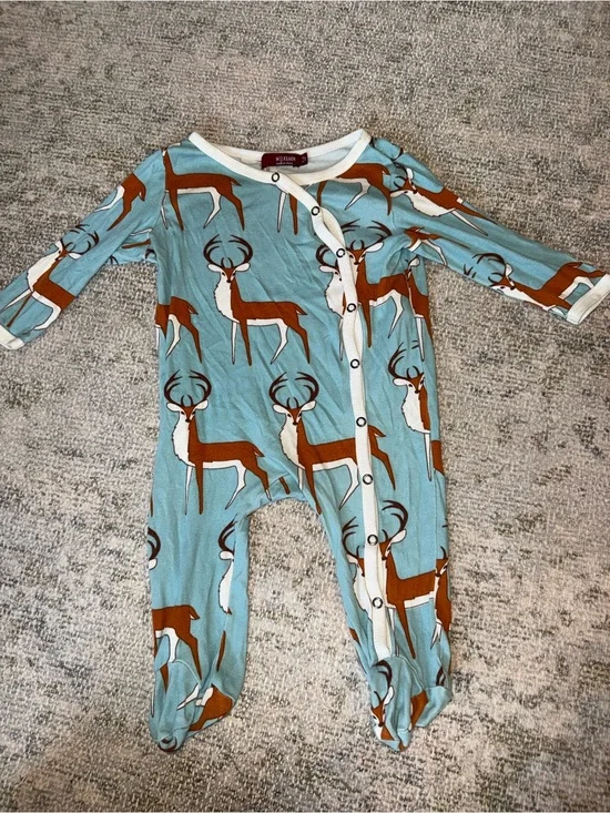 Milkbarn Blue‎ Deer Print Footed One-Piece
