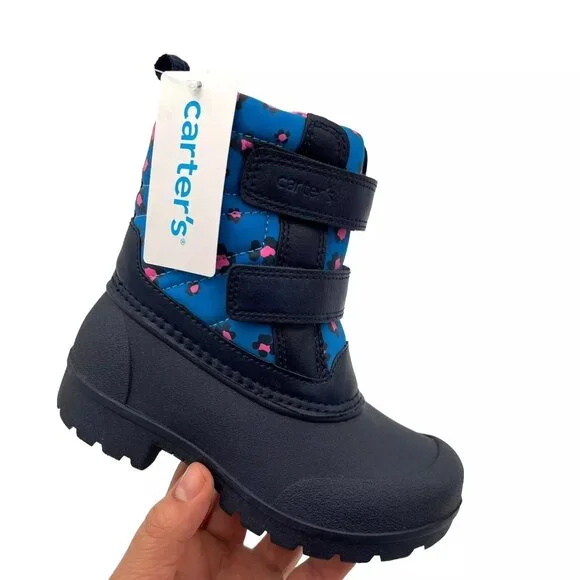 Carters‎ Toddler Girl's Snow Boots Size 8 Pink Navy Blue Slip on Warm & Comfy
