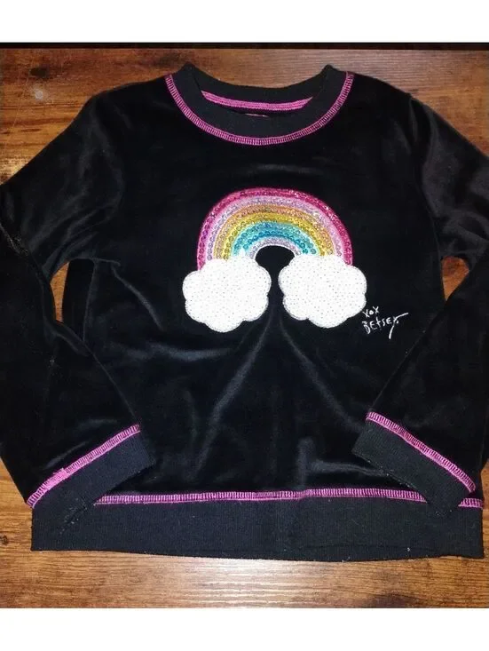 Betsey Johnson Black Velvet Sweater with Rainbow and Cloud Sequin Design, Size S