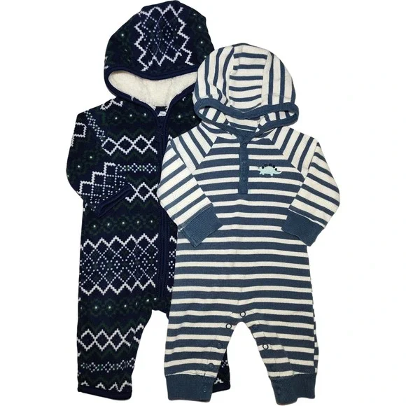 Carter's Baby Boy 3 Mos‎ Hooded Outfit Lot Fleece Thermal Stripe Dinosaur EUC