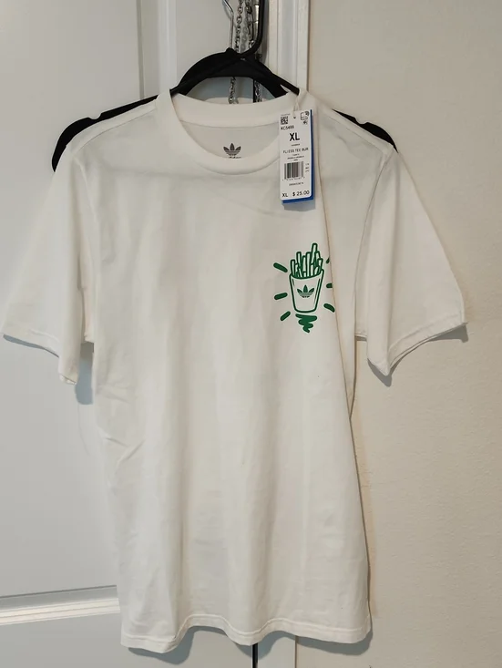 adidas White Short Sleeve Tee with Green Fries Graphic - XL