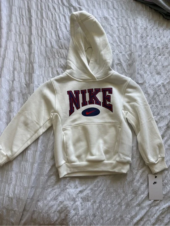 Nike Kids Cream Hoodie with Red and Navy Logo Detail