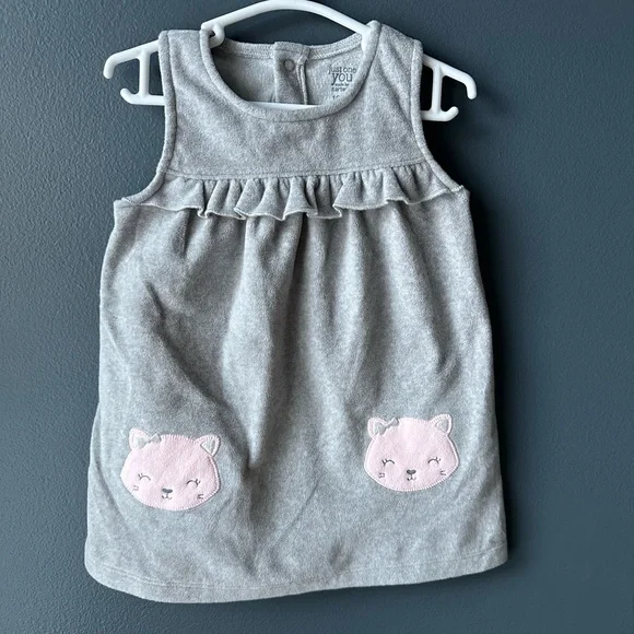 🐱 CARTER’S Dress gray with Pink cats girls 12 months baby girl euc