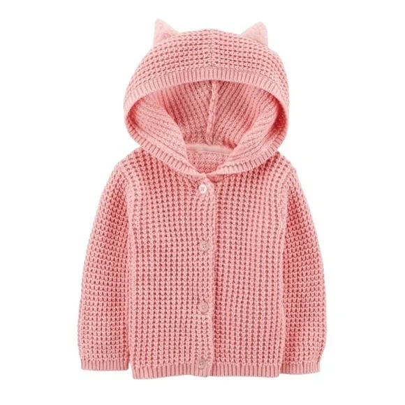 Carter’s Pink Chunky Knit Sweater Cardigan With Cat Ears Size 6 Months