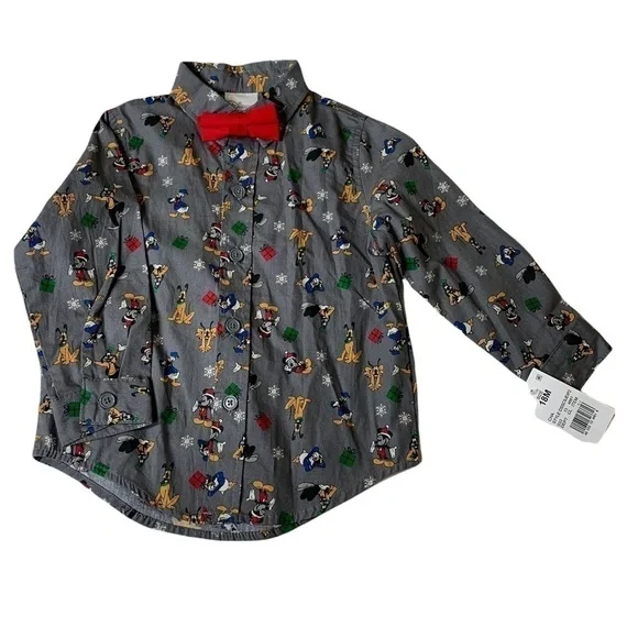 Disney holiday button up long sleeve shirt with red bow tie 18m