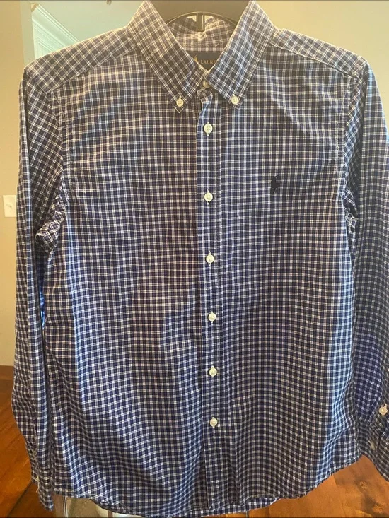 Ralph Lauren Blue and White Checked Button-Down Shirt