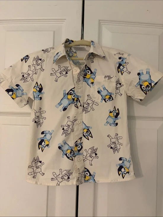 Bluey Button-Up Shirt - White & Blue Print Size 3T Unisex