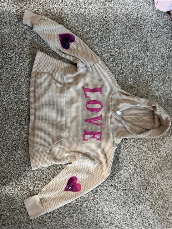 Beige Waffle Knit Hoodie with Pink 