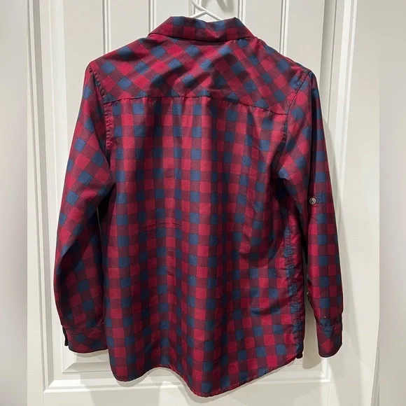 Boys Preppy Checkered Red Blue Plaid button down dress shirt casual Size 14/16