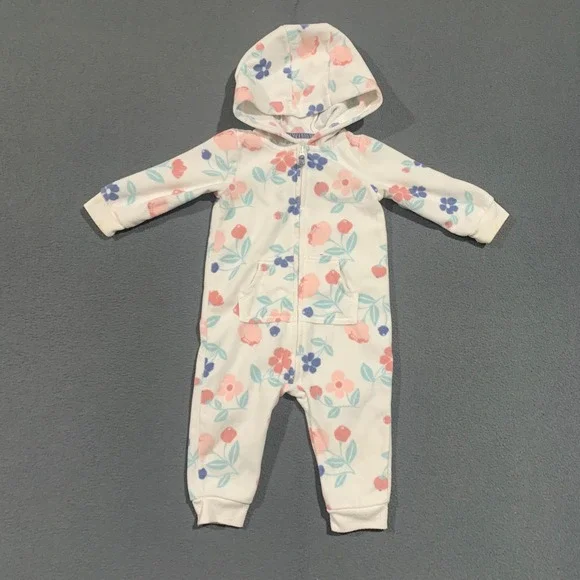 Carters Baby Girl 9M Floral Fleece‎ Hooded Jumpsuit White Pink Blue Zip Romper