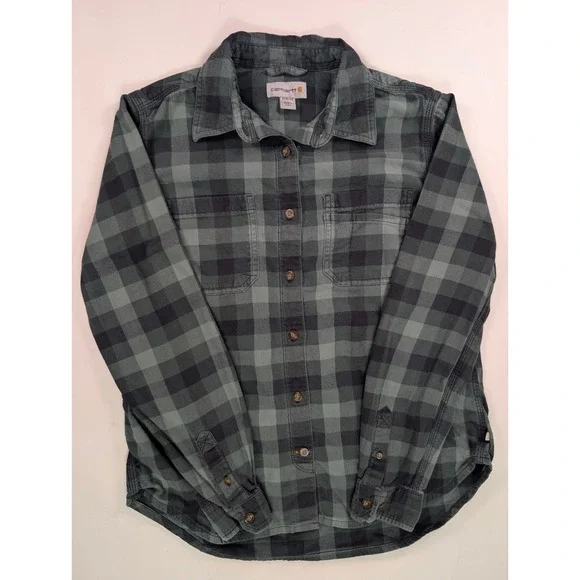 Carhartt Kids Green Black Plaid Flannel Button Down Shirt Sz M 8/10 Long Sleeve