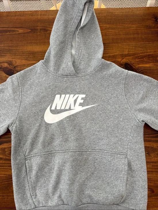 Kids Nike Heather Gray Hoodie with White Swoosh. Size XL